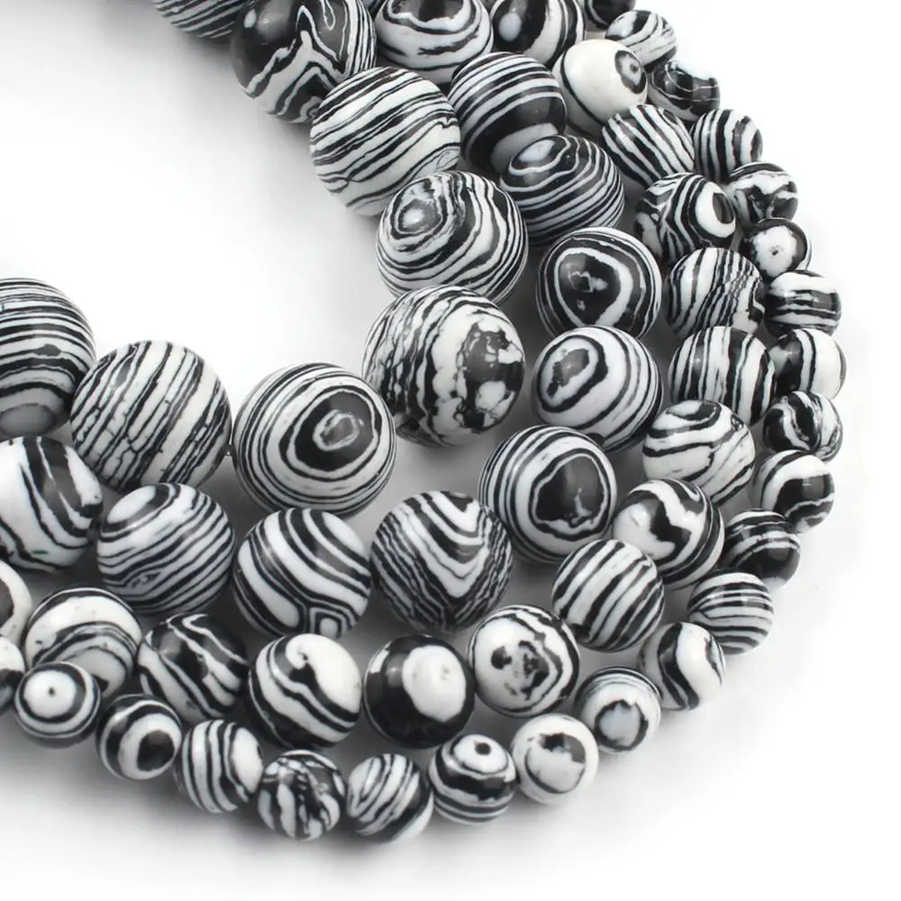 Black White Zebra Striated Malachite Stone Beads Round Loose Spacer For Jewelry Making Diy Bracelet 15 Inch 4 6 8 10 12mm | Украшения и