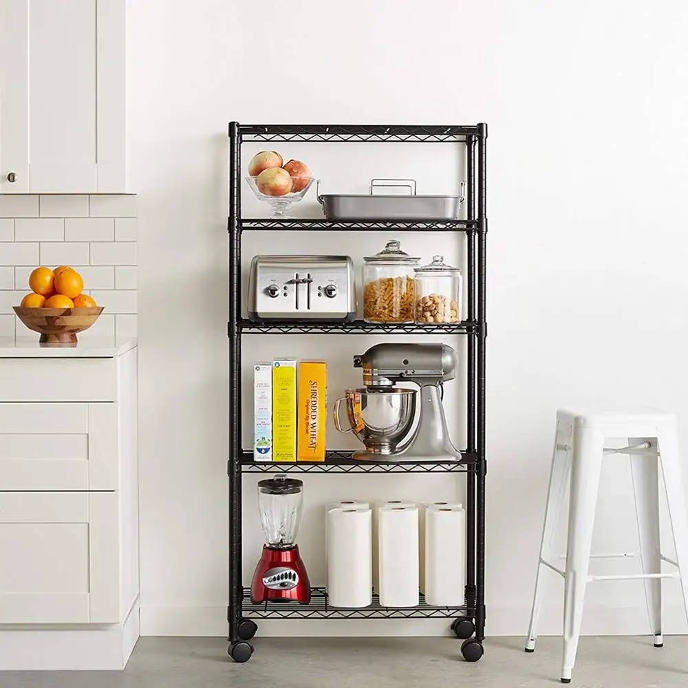 

4/5 Layer Kitchen Storage Rack Stainless Steel Floor Bedroom Bathroom Shelf Wheels Space Saving Organizer Silver Black White