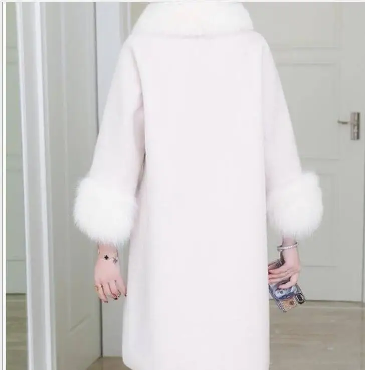 Осенняя роскошная женская куртка с воротником из натурального Лисьего меха, меховые пальто из натуральной шерсти, длинное теплое зимнее пальто из овчины - Цвет: white  button  2
