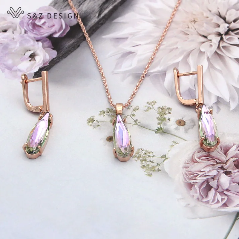 S&Z DESIGN New Fashion Water Drop Crystal Jewelry Sets For Women 585 Rose Gold Color Dangle Earrings Pendant Necklace