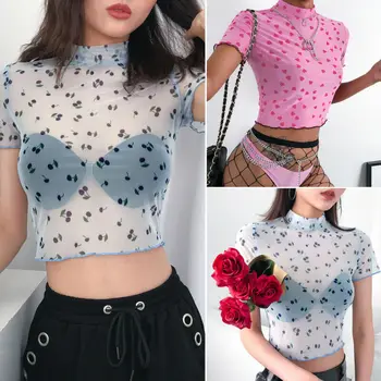 

Mesh Little Red Heart Turtleneck T Shirts 2019 Women Transparent See Through Smoky Blue Elastic Skinny Crop Tops Stretchy New
