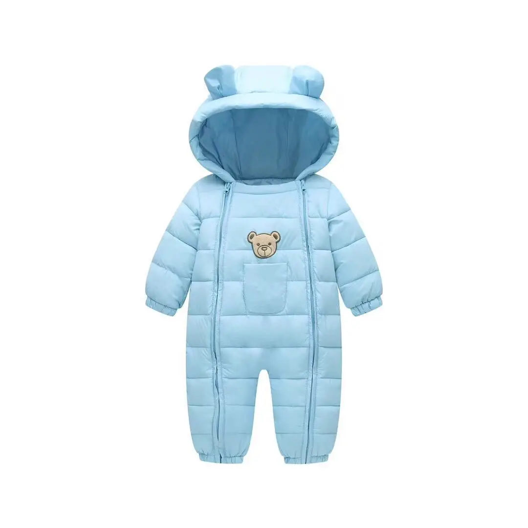 Комбинезоны с медведем для малышей; зимняя одежда с карманами и капюшоном для маленьких мальчиков; Dos Desenhos Animados Menina Infantil; детские зимние комбинезоны - Цвет: Небесно-голубой