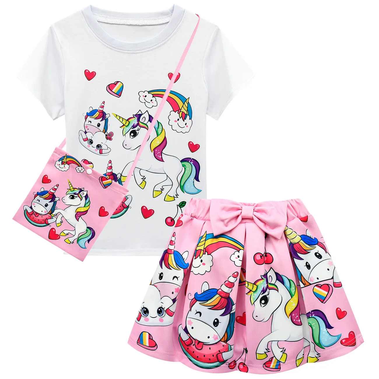 little kid suit Kids Unicorn Summer Tops Skirts Outfit Set Children Princess Party casual suit Girl Unicorn Rainbow love Clothes T-shir + Skirts newborn baby clothes set for hospital Clothing Sets