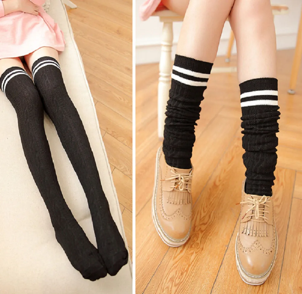 Women Knit Cotton Over The Knee Long Socks Striped Thigh High Stocking Socks US