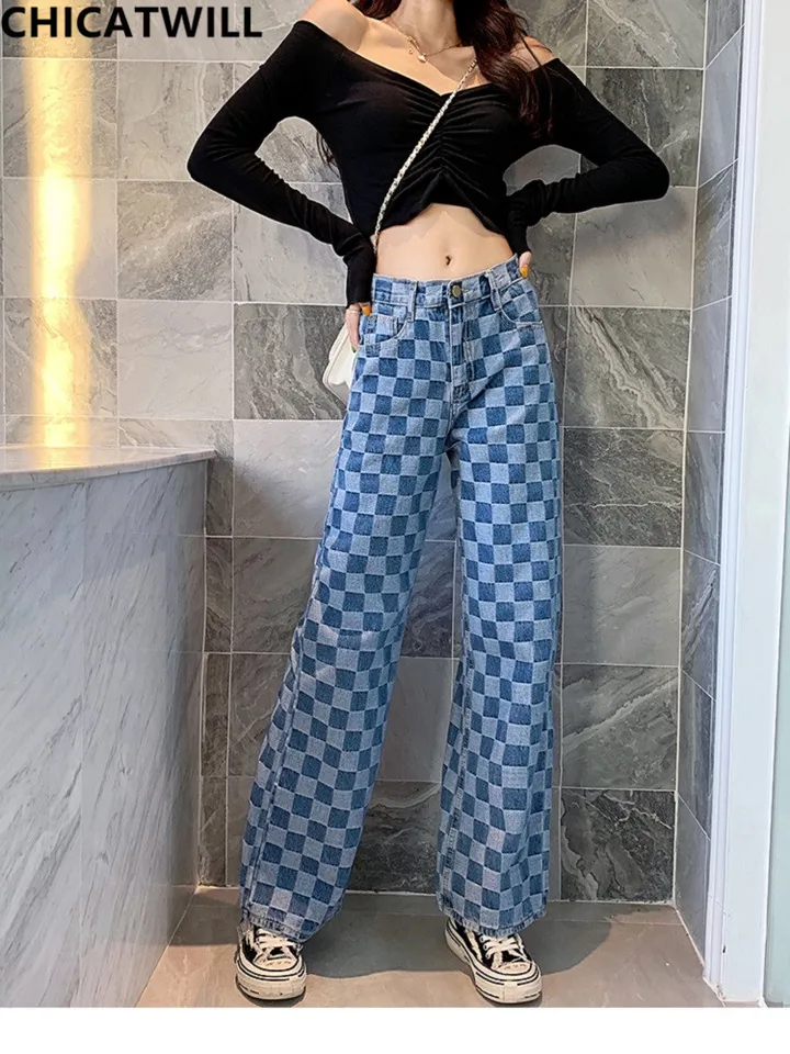 checkered denim jeans