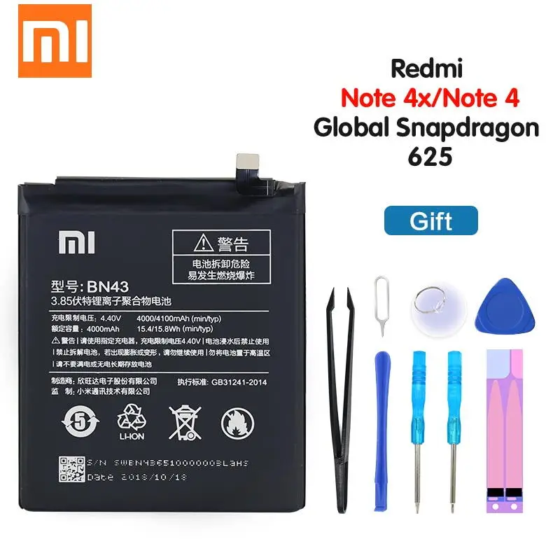 

Xiao Mi Phone Battery BN43 For Xiaomi Redmi Note 4X / Note 4 Global Snapdragon 625 Replacement Battery 4000mAh With Free Tools