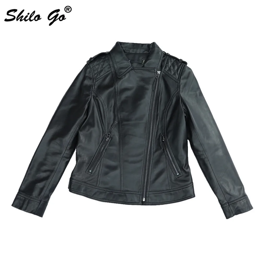 Genuine Leather Jacket Highstreet Black Notched Neck Moto Solid Zip Sheepskin Coat Women Casual Office Lady Slim Fit Outwear
