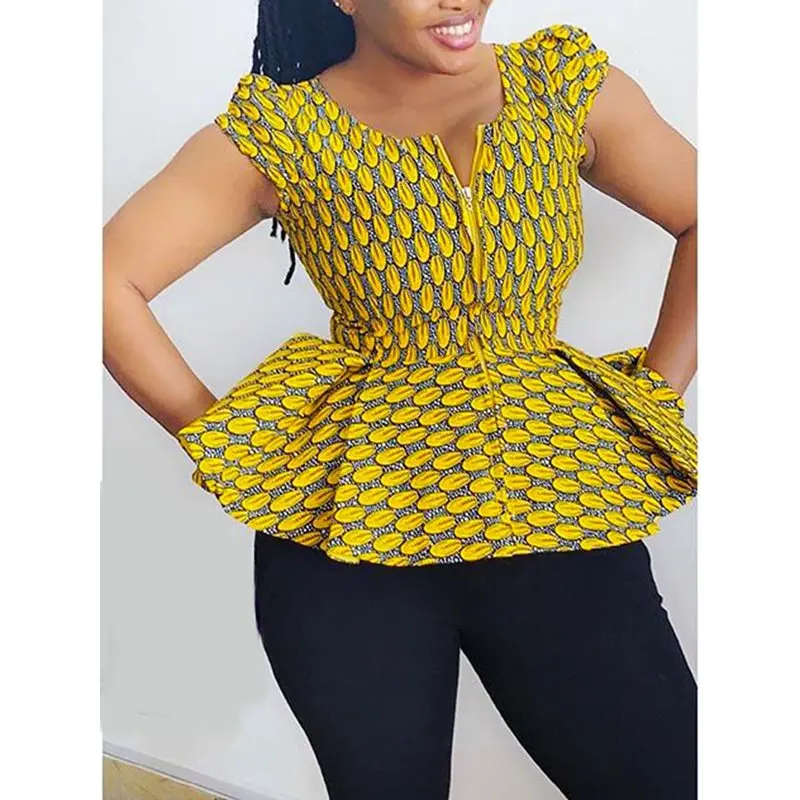 

V-Neck Blouse African Fashion Geometric Standard Short Sleeve Vintage Ethnic Elegant Zipper Plus Size Chic Ruffles Tops