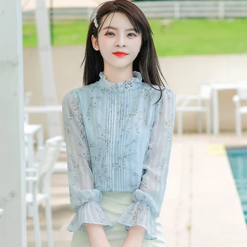 

COIGARSAM Floral Print blouse women New Spring Chiffon Embroidery Stand Neck blusas womens tops and blouses Light Blue 8018