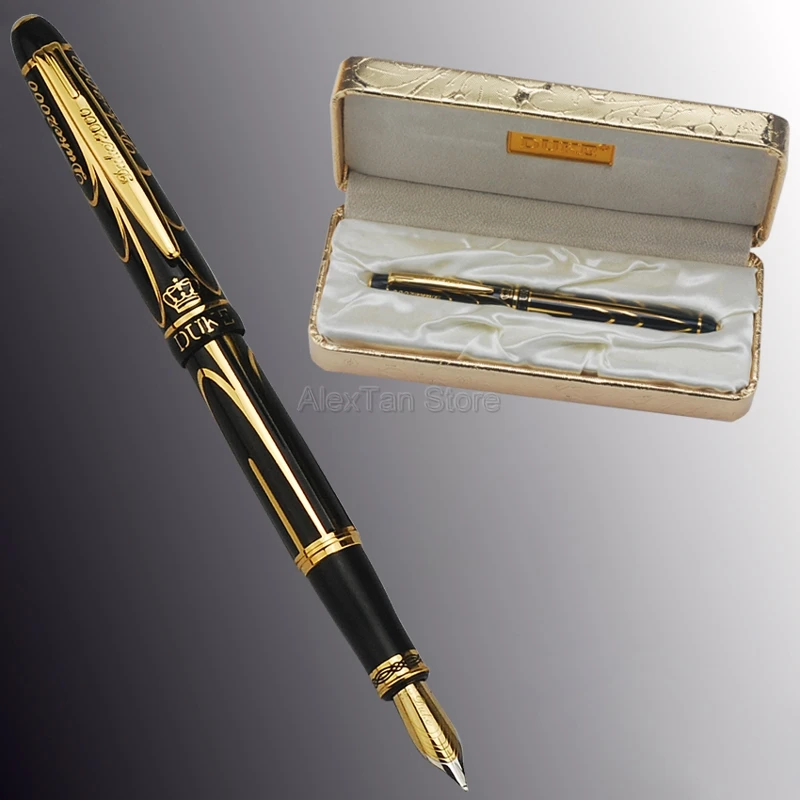 Duke Noble Pioneer 14K/8K Gold Fountain Pen Advanced Chromed Golden & Black Lines Fine Point 0.5mm & Gift Box Fit Collection