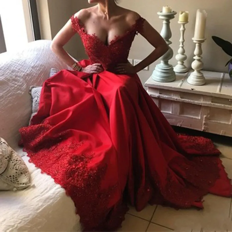 Сексуальное с v-образным вырезом Кружевная аппликация украшенная бисером красное платье для выпускного вечера длинное с открытой спиной атласное А-образное вечернее платье vestido de festa Longo - Цвет: Picture color