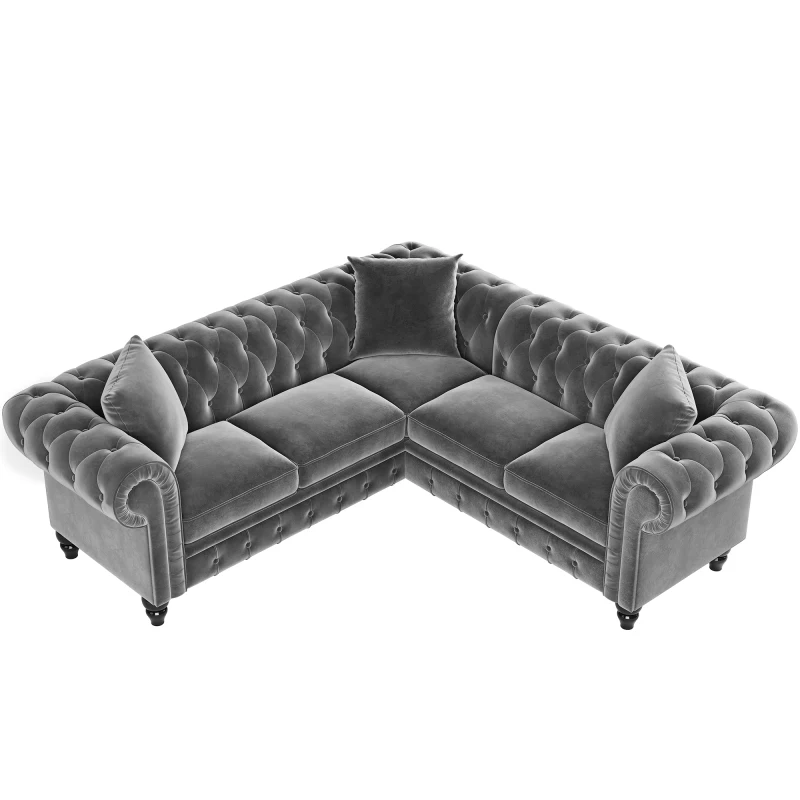 L-Shaped Sectional Sofa Set,Tufted Velvet Upholstered Rolled Arm Classic Chesterfield 5 Seater Sofa Couch for Living Room/Office