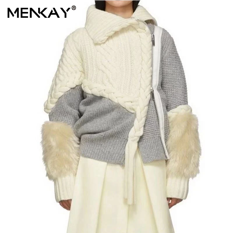 [MENKAY] Новинка года; сезон зима-осень; женская вязаная шерстяная куртка с манжетами нестандартного цвета; вязаный свитер