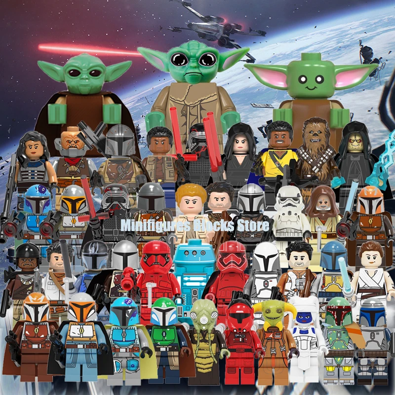 

Baby Yoda Building Blocks Bricks technic Starw Rey PoE Dameron Mandalorian Jango Fett Drabatan Figures Gift Toys For Children
