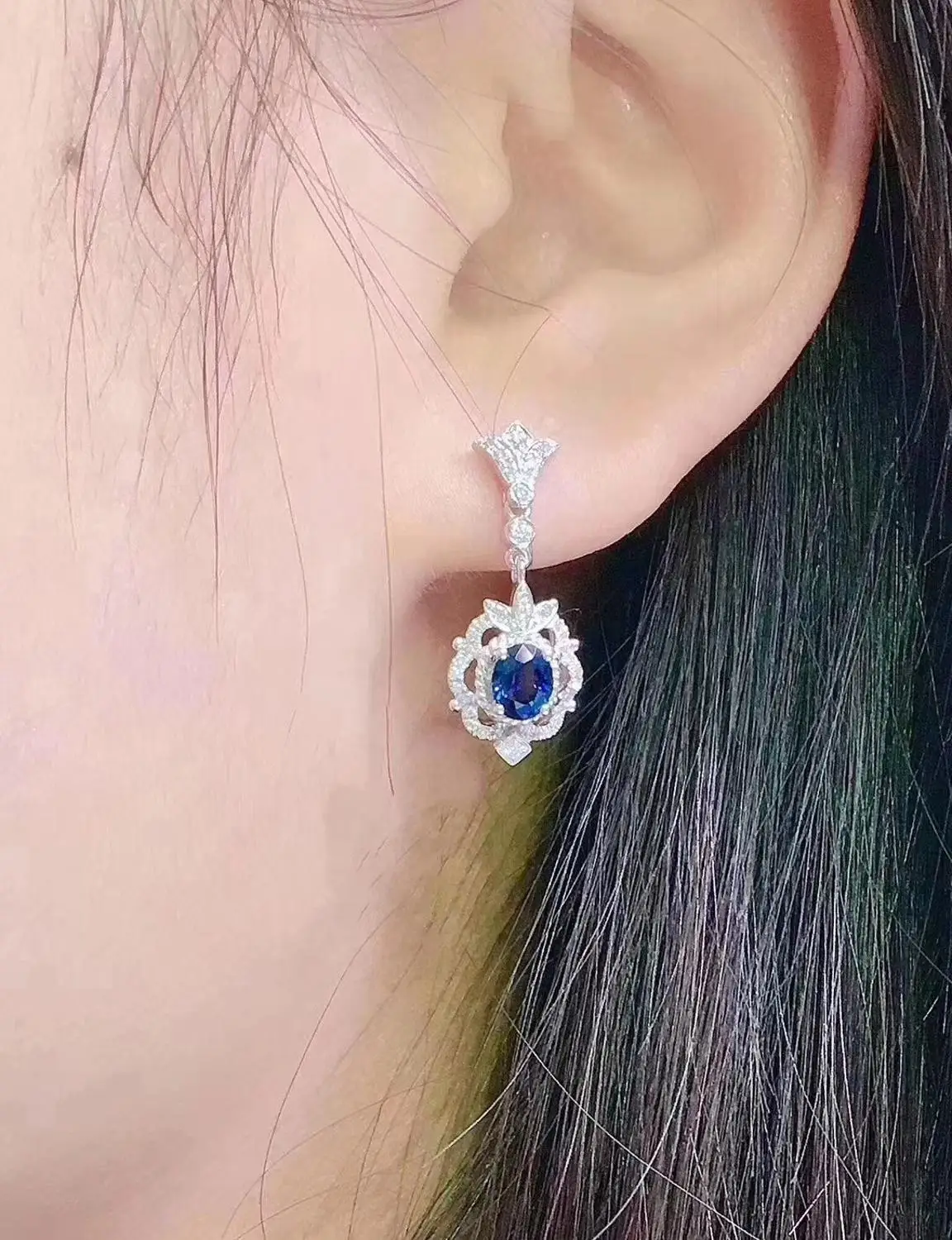 KJJEAXCMY Fine Jewelry 925 sterling silver inlaid natural sapphire female earrings Ear studs vintage support detection