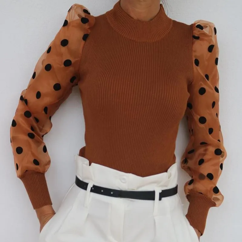 Spring Winter Fashion Women Turtleneck Sweater Ladies Knitted Ribbed Spotted Polka Dots Mesh Puff Sleeve Jumper Top Sweater