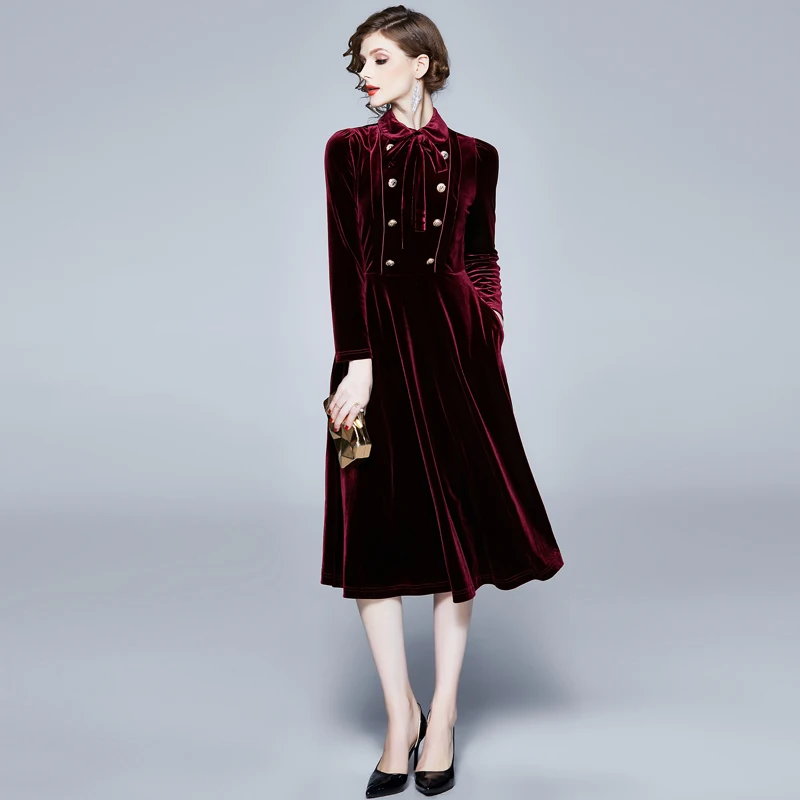 HAMALIEL, высокое качество, подиум, дизайнерское, для женщин, бархат, миди, вечерние, платье,, новинка, весна, двубортное, с бантом, свободное платье, Vestidos