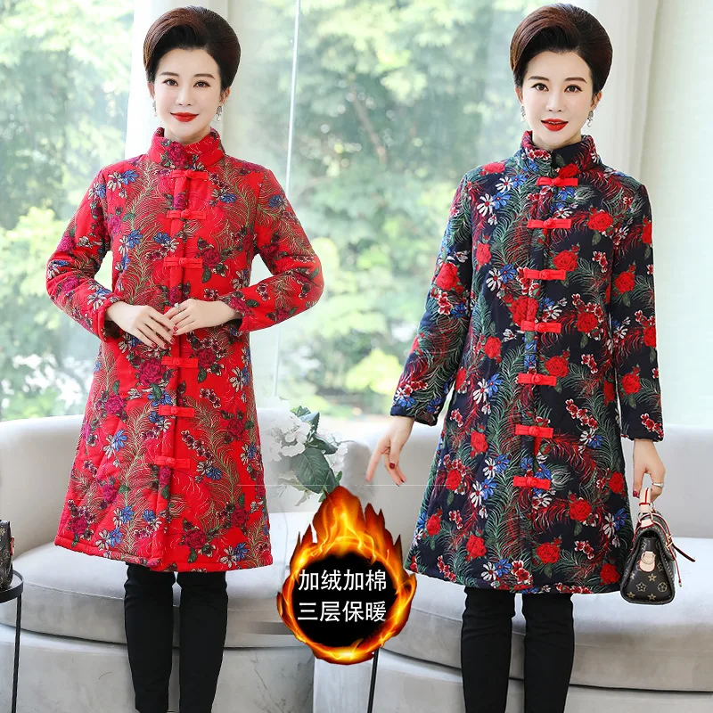 

Photo Shoot 2019 Ethnic-Style Autumn And Winter Cotton Linen Padded plus Velvet Cotton Overcoat Large Size Mid-length Middle-age