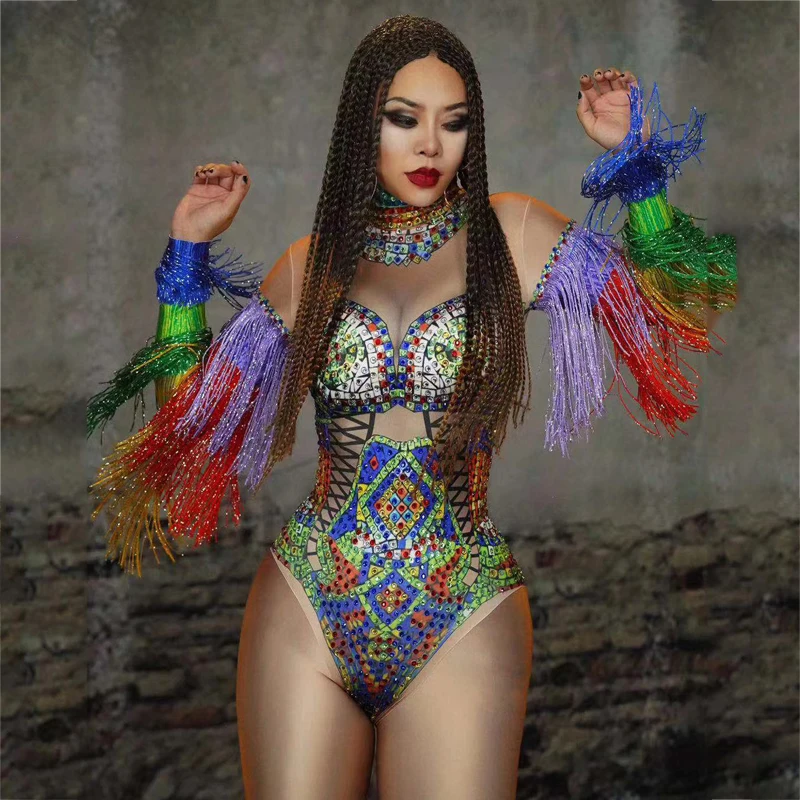 Multi Color Rhinestones Fringed Sleeves Bodysuit Rave Outfits Pole