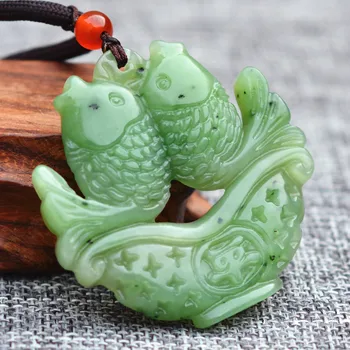 

DROP SHIPPING NATURAL GREEN HETIAN JADES PENDANT HAND CARVED LOVE FISH PENDANT NECKLACE GIFT FOR WOMEN MEN'S JEWELRY FREE ROPE