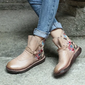 

Xiangban Women Martin Boots Soft Leather Retro Flat Heeled Womens Boots Ankle Original Retro Embroidered Women's Shoes