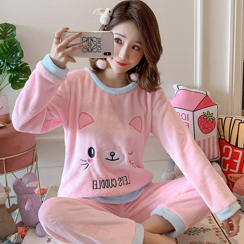 Winter Women Pyjamas Sets Thick Warm Coral Velvet Pajamas Suit Flannel Long Sleeve Cartoon Top+Pants Sleepwear Night Clothes Set - Цвет: q8318 pink