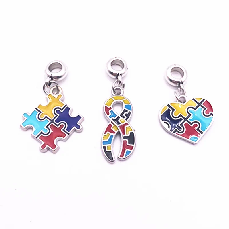 Enamel Autism Awareness Jigsaw Puzzle Piece Charms Pendant Wit Lobster Clasp For DIY Bracelet& Necklace Jewelry Making 20PCS - Metal color: as picture