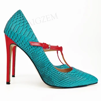 

LAIGZEM Women Heels T-Strap Ladies Pumps Stilletto Heel Date Party Sandals Women Crocodile Pattern Shoes Women Big Size 43 45 47
