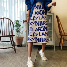 Женская трикотажная юбка с буквенным принтом, Осень-зима, новинка, высокая талия, с разрезом, прямая женская юбка для офиса, Женская длинная юбка, Теплые юбки ML297