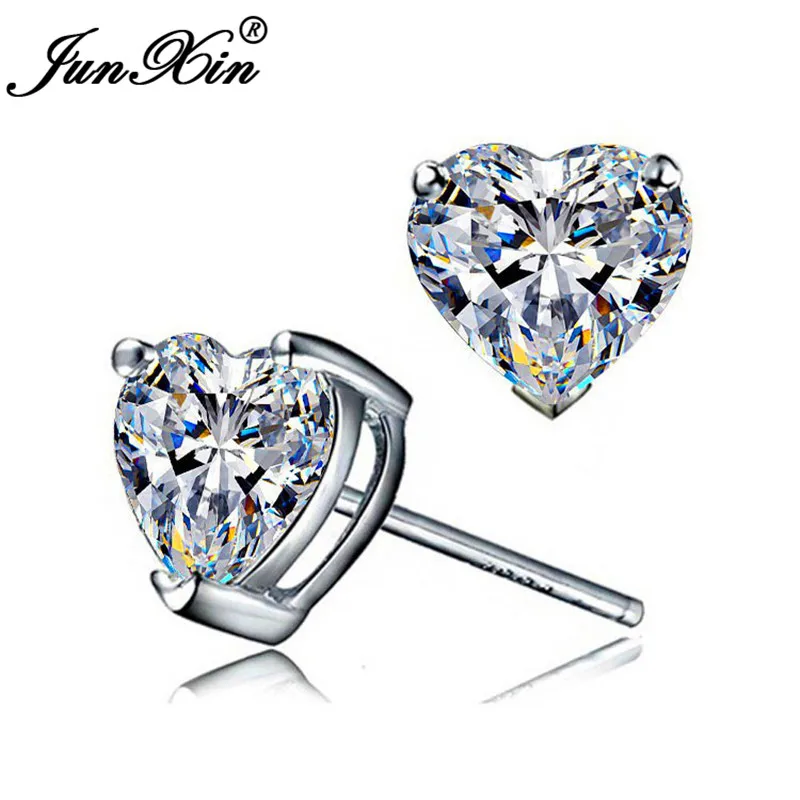 Girls Cute Heart Stud Earrings For Women White Gold Color Brilliant White Zircon Blue Purple Austrian Crystal Wedding Studs Cz