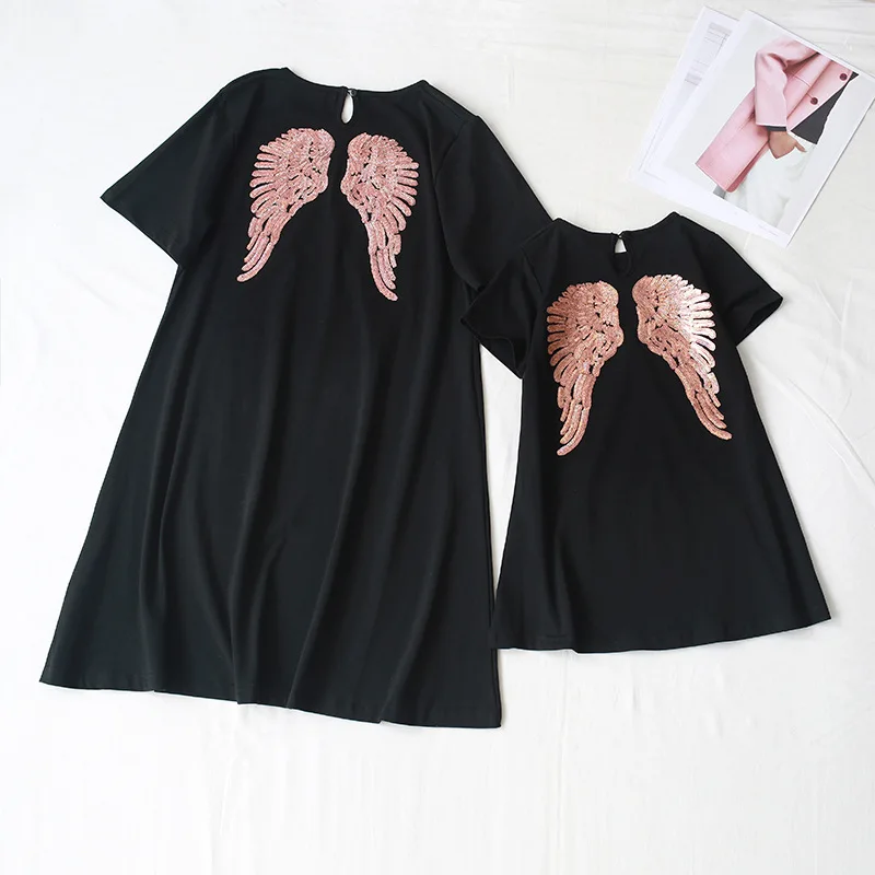 Одинаковое платье для мамы и дочки; детская футболка с вышивкой и крыльями ангела; платье для мамы и дочки; семейная одежда; платье