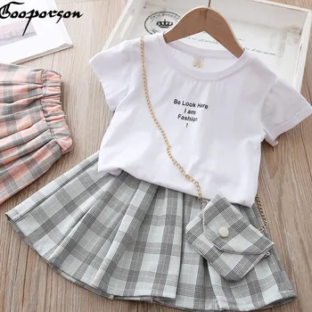 

Summer Kids Clothes Letter Shirt&plaid Skirt with Bag Cute Little Girls Clothing Set Fashion Korean Toddler Girl Outfits