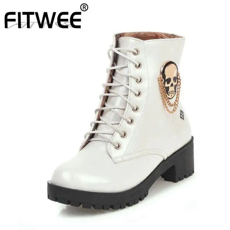 

FITWEE Ladies Winter Thermal Ankle Boots Lace Up Fashion Ghost Short Plush Platform Chunky Heel Footwear Women Shoes Size 33-43