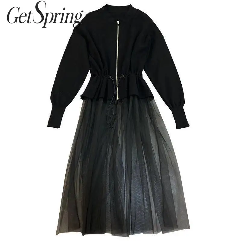 

GetSpring Women Trench Coat Long Sleeve Mesh Spliced Women Windbreaker Drawstring High Waist Women Coats Long Thin Trench Autumn