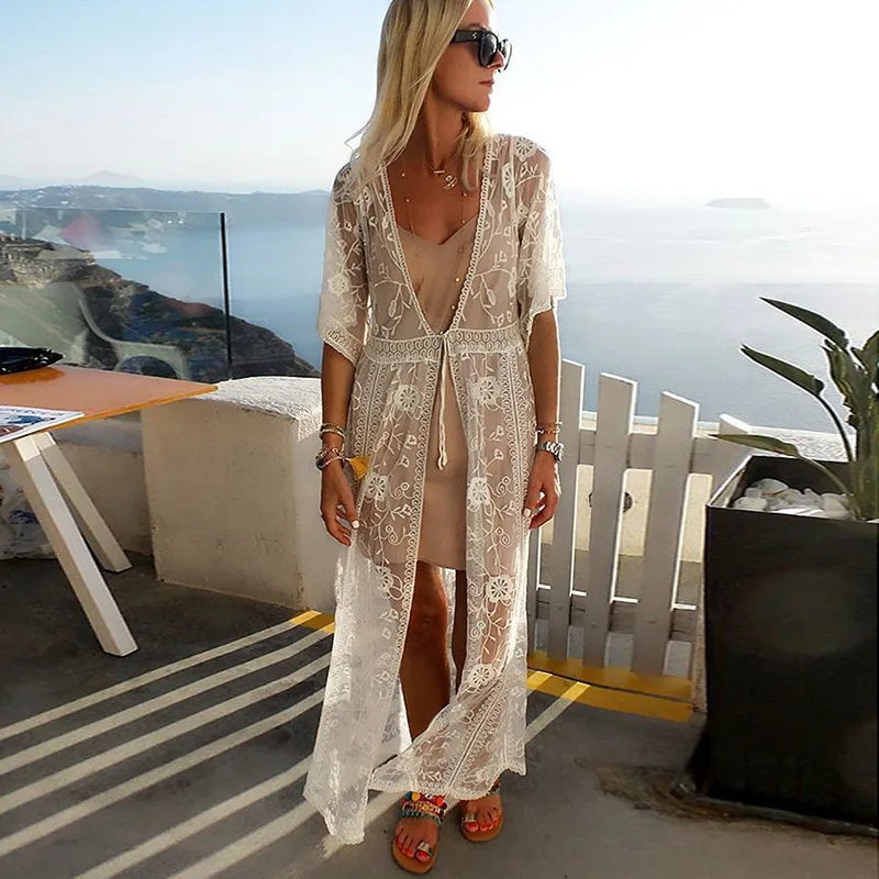 

Long Swimsuit Cover Up Beach Woman Solid Sexy Hollow Out Lace Bathing Suit Cover Ups Bandage Casual Loose Vacation Beach Dress