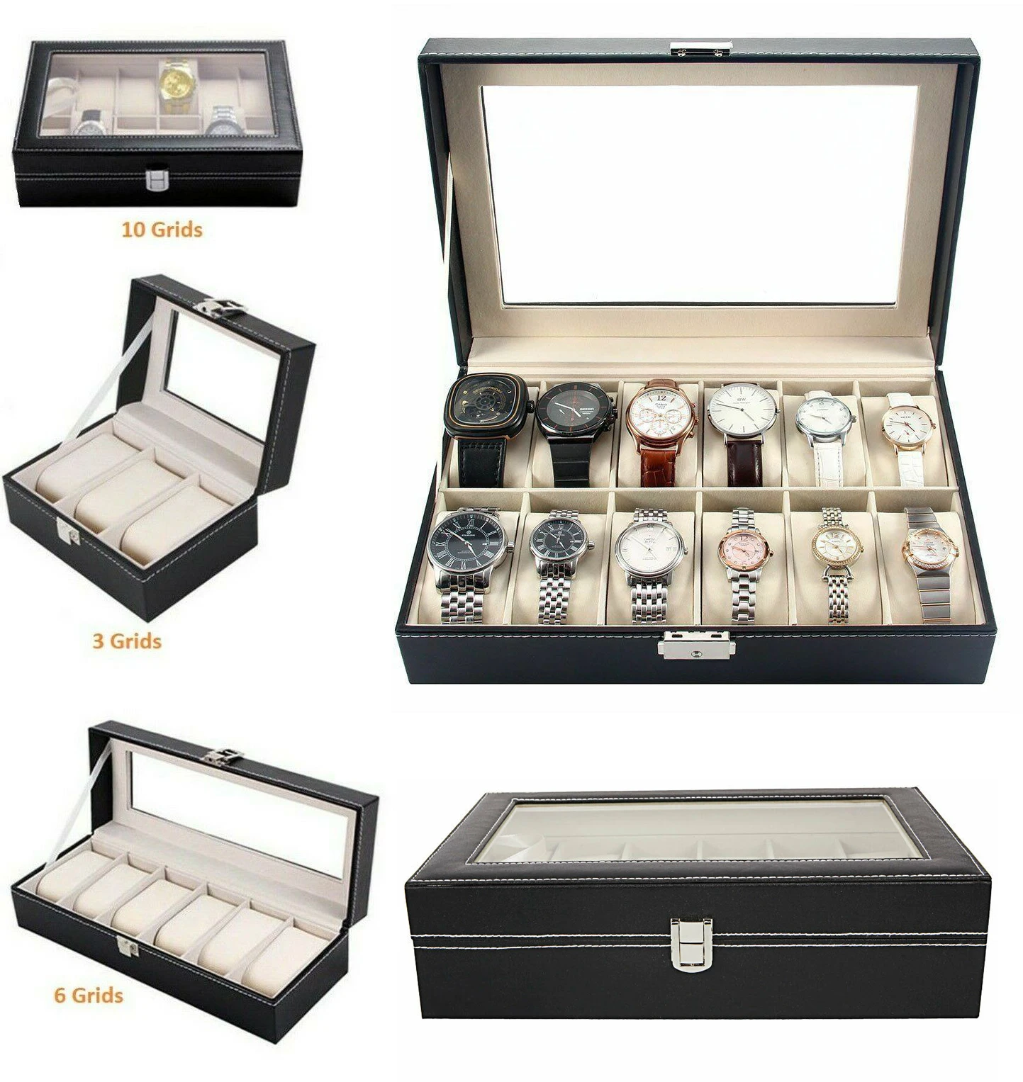 3/6/12 Faux Leather Watch Case Display Box Storage Jewellery Glass Top
