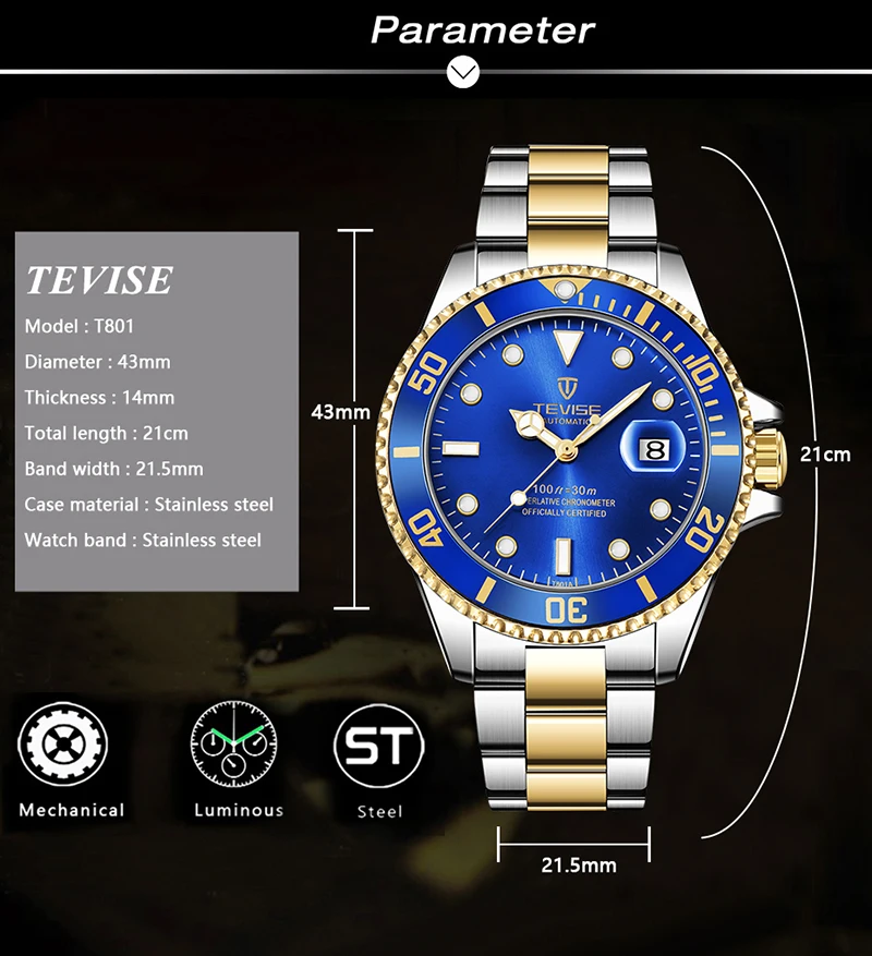 Прямая Tevise T801 Топ бренд Роскошные Мужские механические часы Известный дизайн автоматические часы мужские Relogio Masculino
