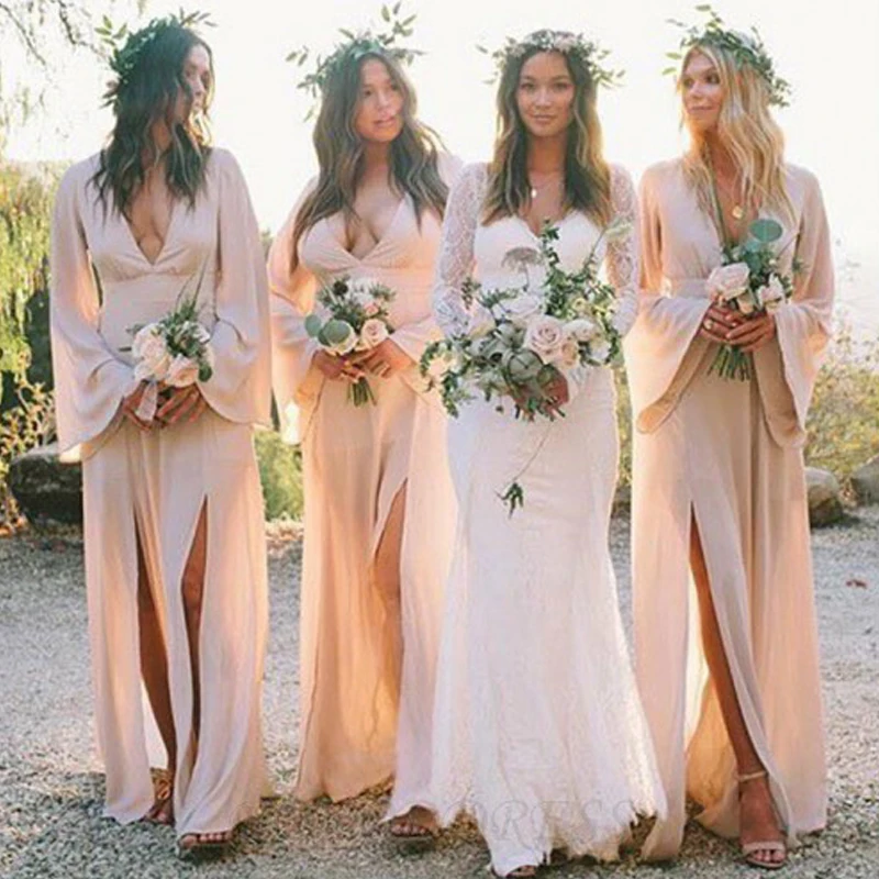 

A-Line V-Neck Chiffon Party Dress with Split Long Sleeves Floor-Length Zipper-Up Blush Bohemian Solid Summer Dress