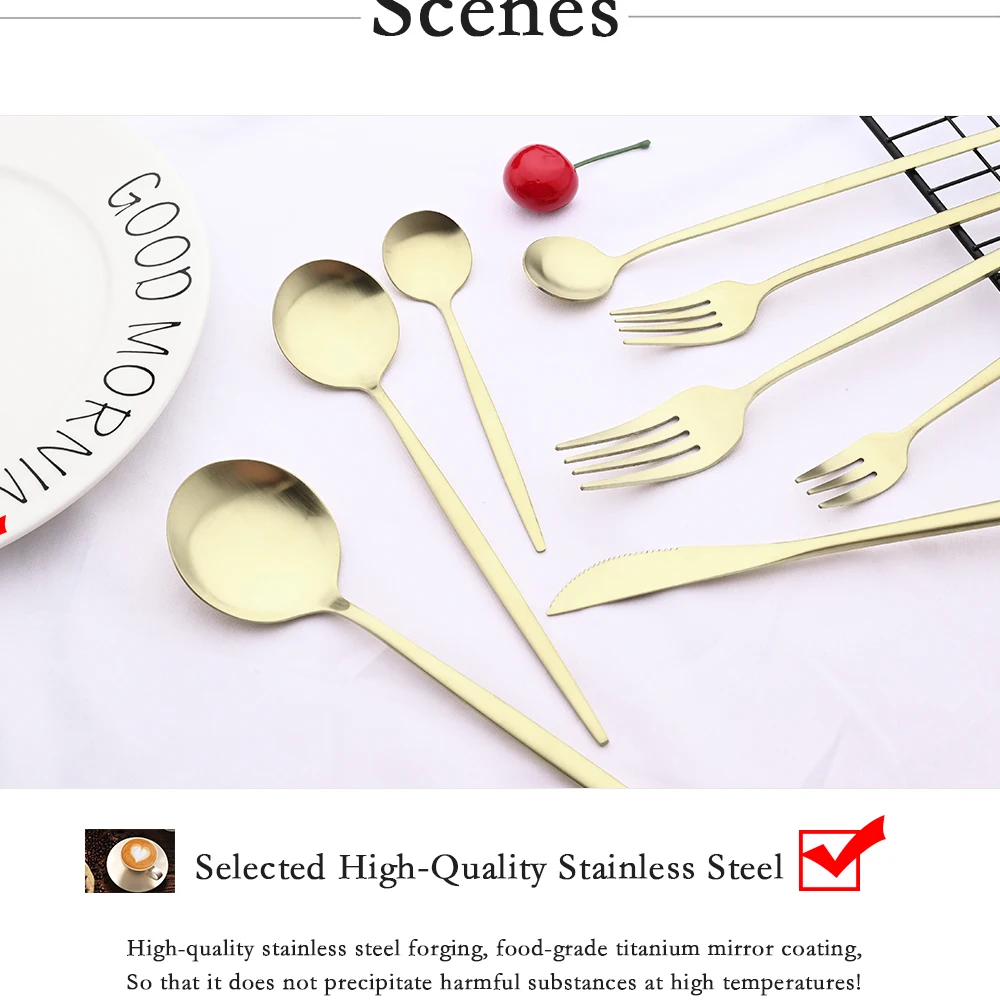 Matte Champagne Dinnerware Cutlery Set Stainless Steel Tableware Home Dinner Fork Tea Spoon Dessert Knife Kitchen Flatware Set