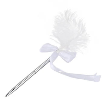 

Bowknot Wedding Signing Pen White Ostrich Feather Pen with Diamante