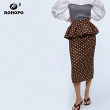 ROHOPO Polk юбка миди в горошек с оборками на талии, с разрезом сзади, осенняя Женская юбка до середины икры на молнии, красные юбки#1401