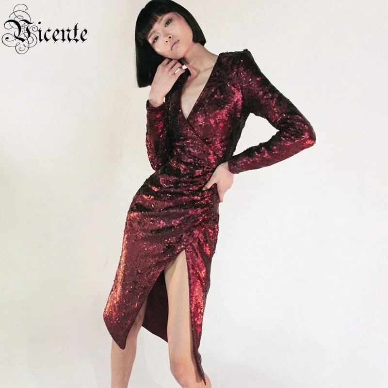 VC все Новое поступление красное женское платье с блестками Vestidos с длинным рукавом v-образный вырез вечерние платья до колен