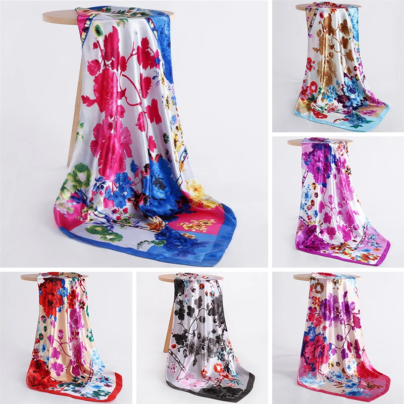 

2020 Fashion Silk Scarf Satin Bandana Women Square Head Scarves Ink Print Lady Big Foulard Neck Scarfs Female Foulard Hijab