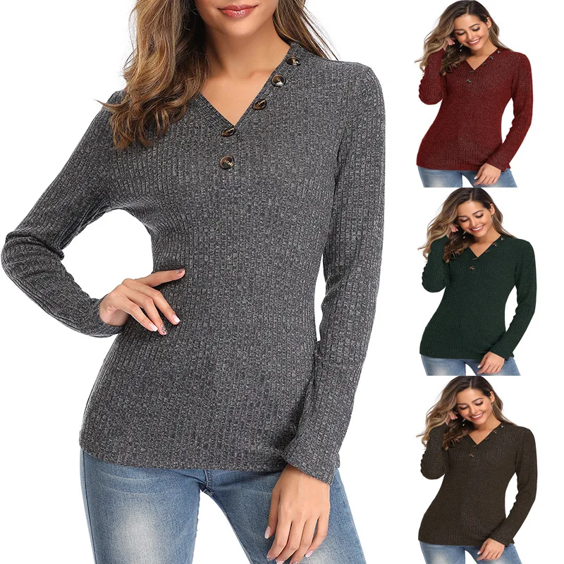 

2019 Autumn And Winter New V-neck Button long-sleeved Slim Solid Color Pullover G1111