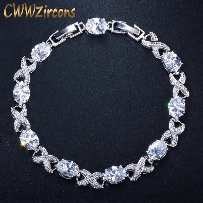 

CWWZircons High Quality Silver Color Cross Round Cubic Zirconia Women Chain Link Bracelets for Wedding Bridal Accessories CB008