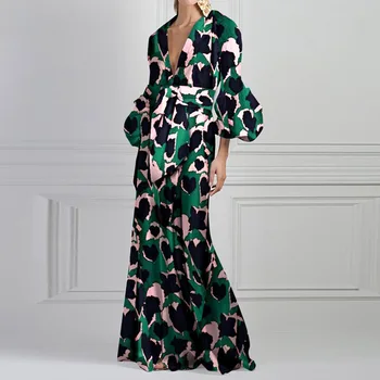 

Spring Lantern Sleeve Maxi Dress Vintage Print Plus Size 3XL Floor Length Women Party Long Dress Sexy V Neck Bohemian Vestidos