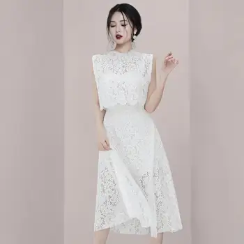 

HAMALIEL New Runway Women Lace Midi Dress 2020 Spring Summer White Sleeveless Hollow Out Dress Fashion O Neck A Line Party Dress