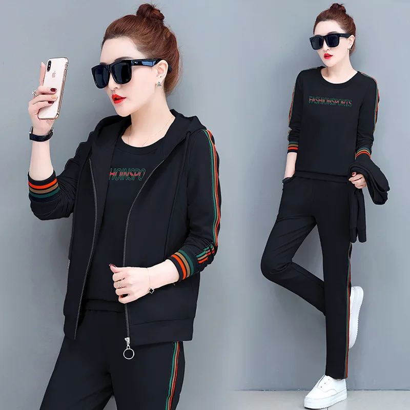 

Women Sport Suit Tracksuit Autumn Stripe Printed Jacket Hoodie+sweatshirt+sweatpant Casual Jogger Running Outfits Set Sportswear