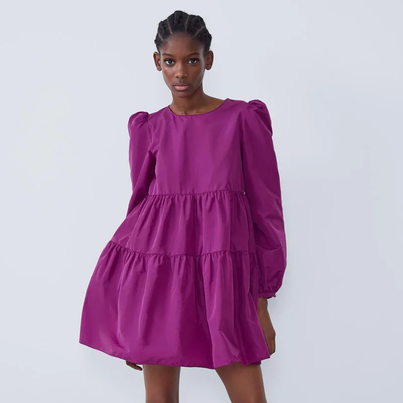 AGong/однотонные фиолетовые платья с круглым вырезом, женское модное свободное платье из тафты, женские элегантные мини-платья с длинным рукавом, женские платья JR