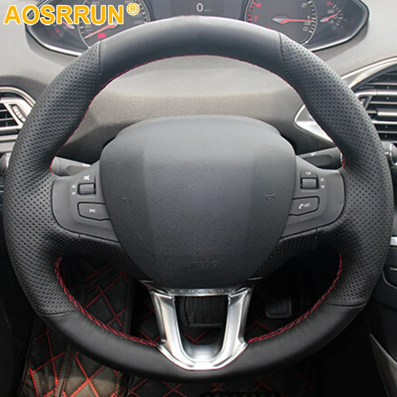 Hand stitched Black Leather Car Steering Wheel cover For Peugeot 208